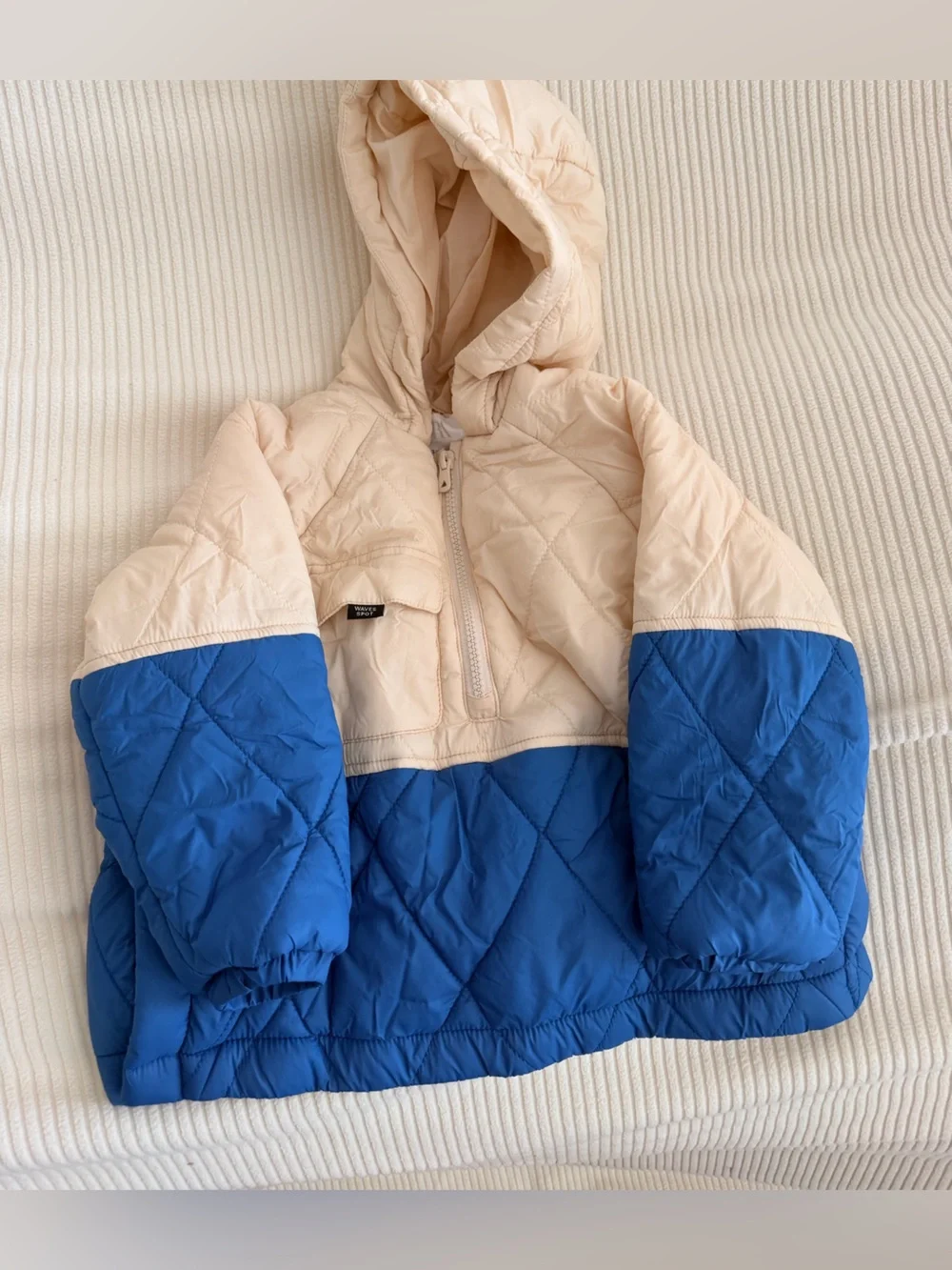 Zara Kids Colorblock Quilted Hooded Jacket in Cream and Blue